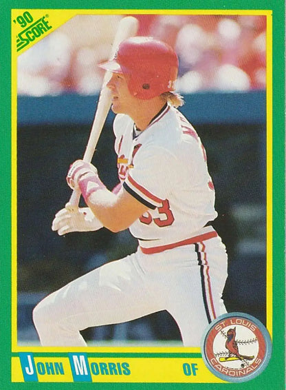 1990 Score John Morris St. Louis Cardinals baseball card featuring outfielder at bat