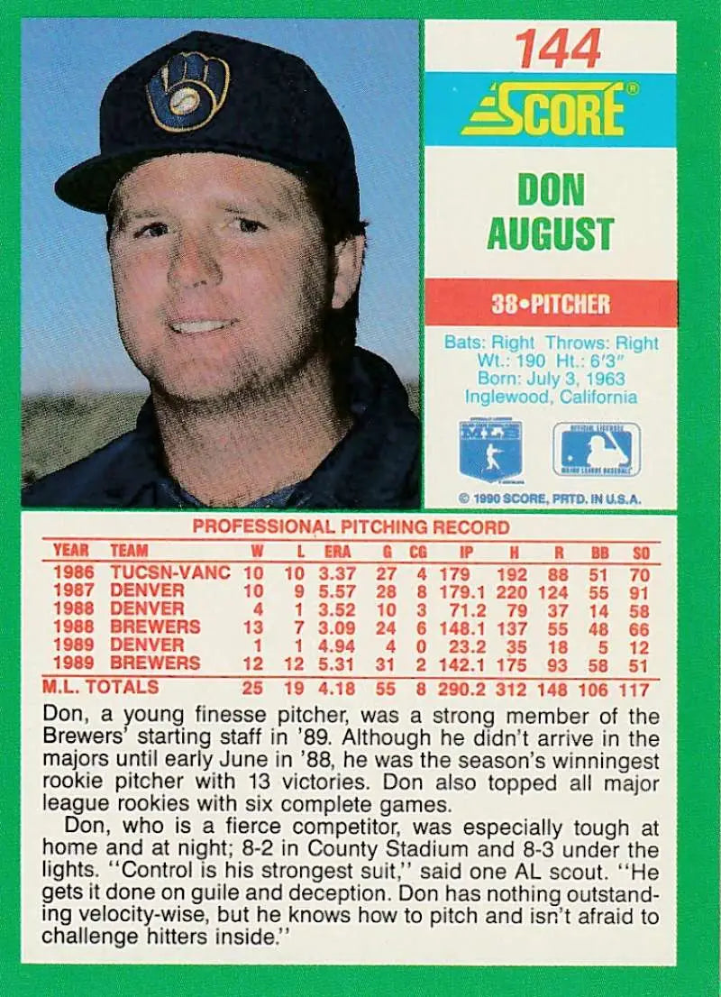 1991 Score baseball card of Don August, Milwaukee Brewers pitcher in blue cap