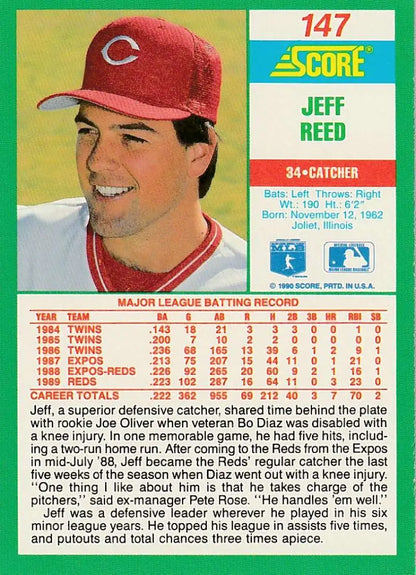1991 Score Jeff Reed Cincinnati Reds baseball card with red cap NM-MT condition