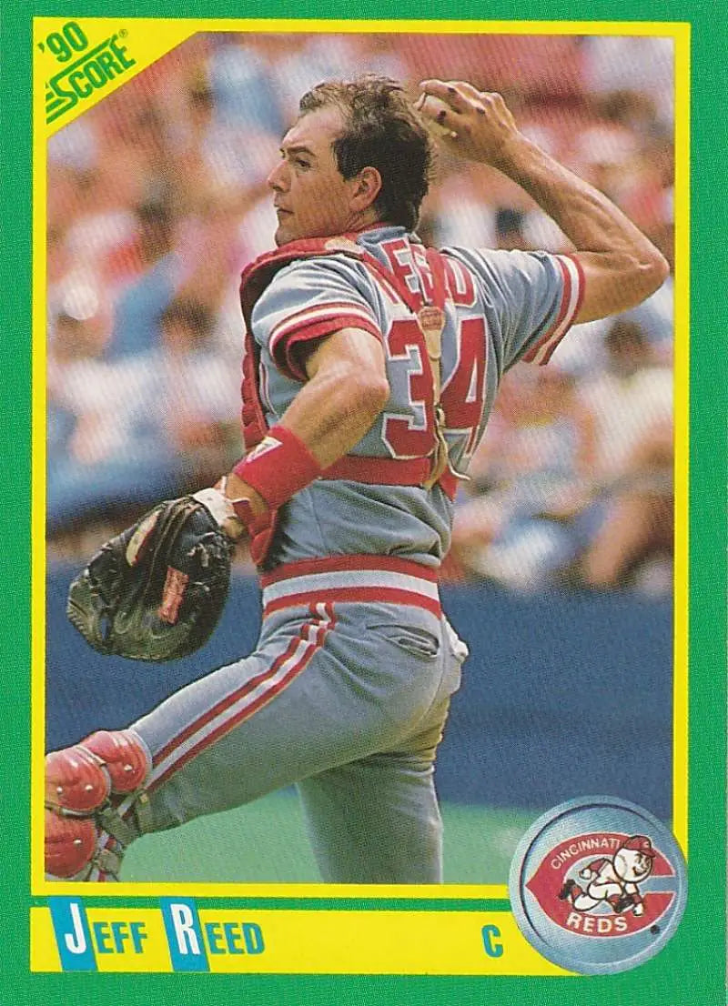 Cincinnati Reds baseball card of Jeff Reed in mid-throwing motion, number 34