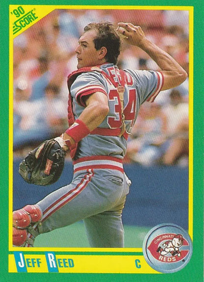 Cincinnati Reds baseball card of Jeff Reed in mid-throwing motion, number 34