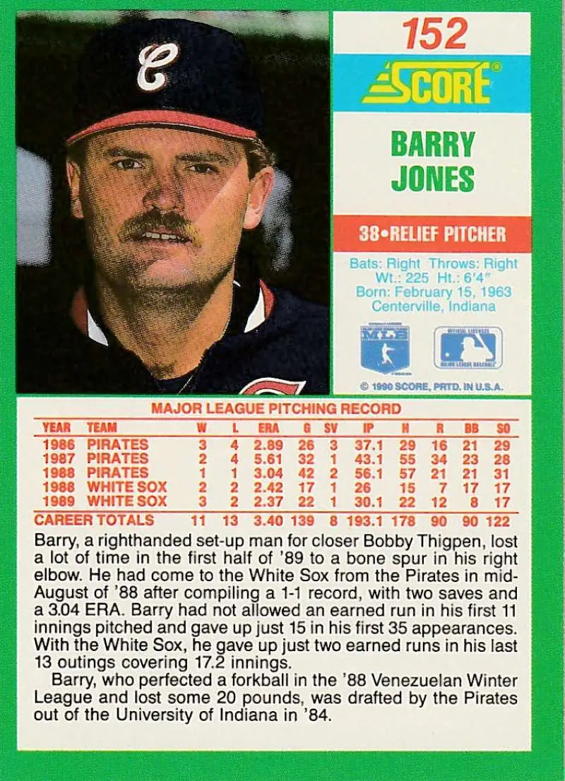 1990 Score Barry Jones baseball card featuring a Pirates pitcher in dark uniform