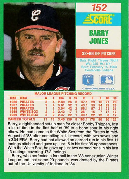 1990 Score Barry Jones baseball card featuring a Pirates pitcher in dark uniform