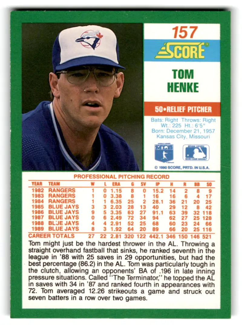 1990 Score #157 Tom Henke NM-MT Blue Jays ID:70053 - Trading Cards