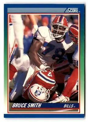 Bruce Smith makes a tackle on this 1990 Score trading card featuring the Buffalo Bills