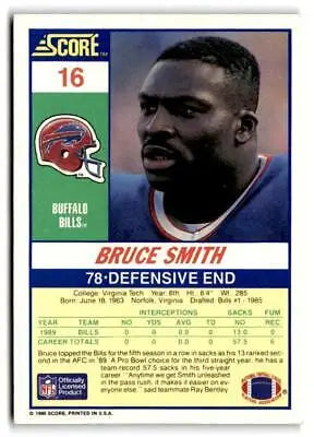 1990 Score trading card of Bruce Smith, Buffalo Bills defensive end in uniform