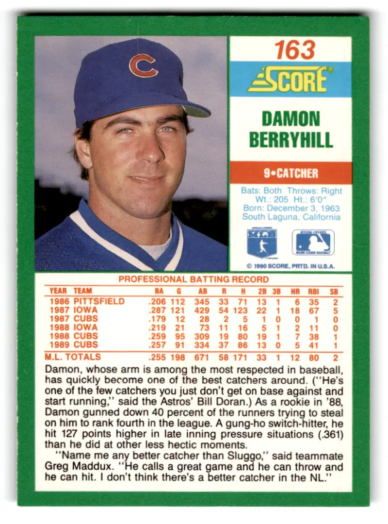 1990 Score Damon Berryhill baseball card with original gloss in NM-MT condition