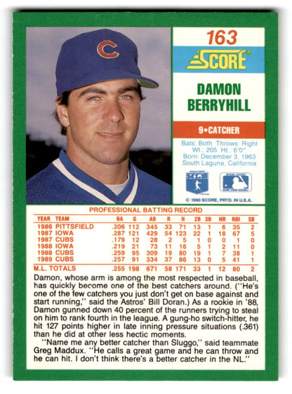 1990 Score Damon Berryhill baseball card with original gloss in NM-MT condition