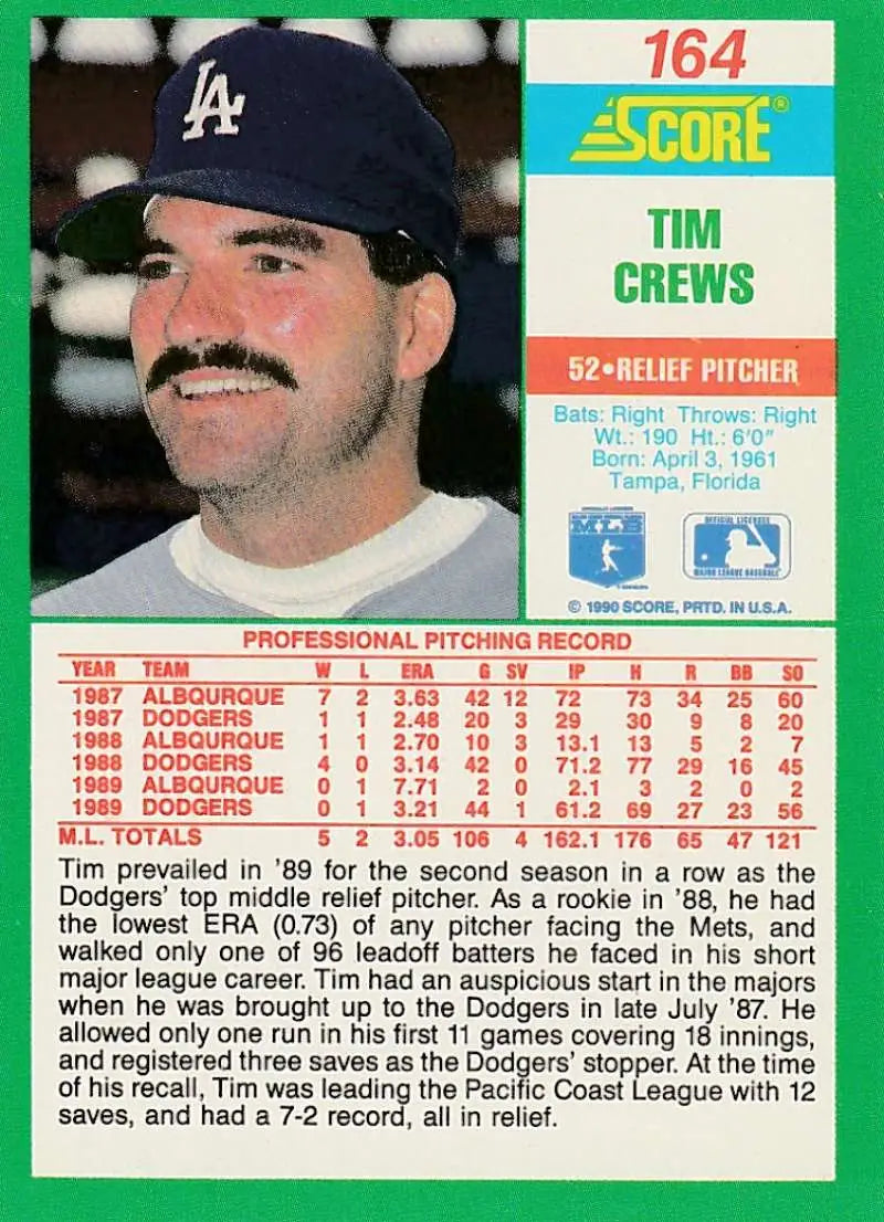 1991 Score Tim Crews baseball card featuring Los Angeles Dodgers pitcher in cap