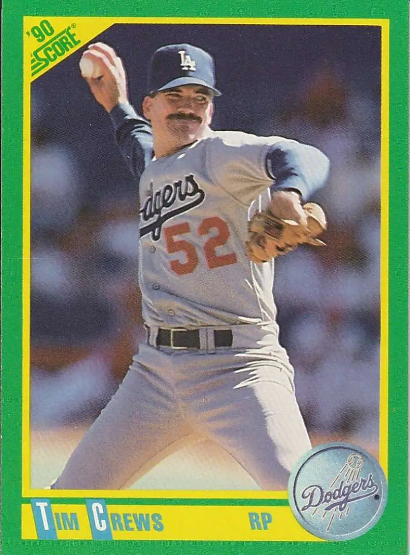 Tim Crews mid-pitch in Los Angeles Dodgers uniform #52 on 1990 Score baseball card