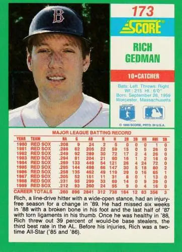 1990 Score #173 Rich Gedman baseball card with original gloss from the Red Sox
