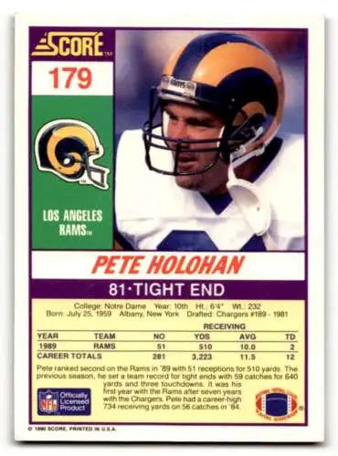 Pete Holohan Los Angeles Rams football card 1990 Score original gloss EX/NM condition