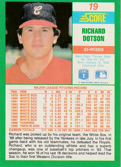 1988 Score Richard Dotson baseball card of Chicago White Sox pitcher in dark cap