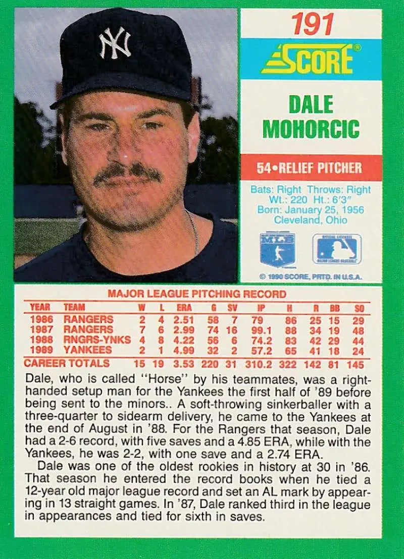 1991 Score baseball card of Dale Mohorcic, New York Yankees relief pitcher