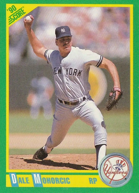 New York Yankees baseball card of Dale Mohorcic in mid-delivery wearing gray uniform