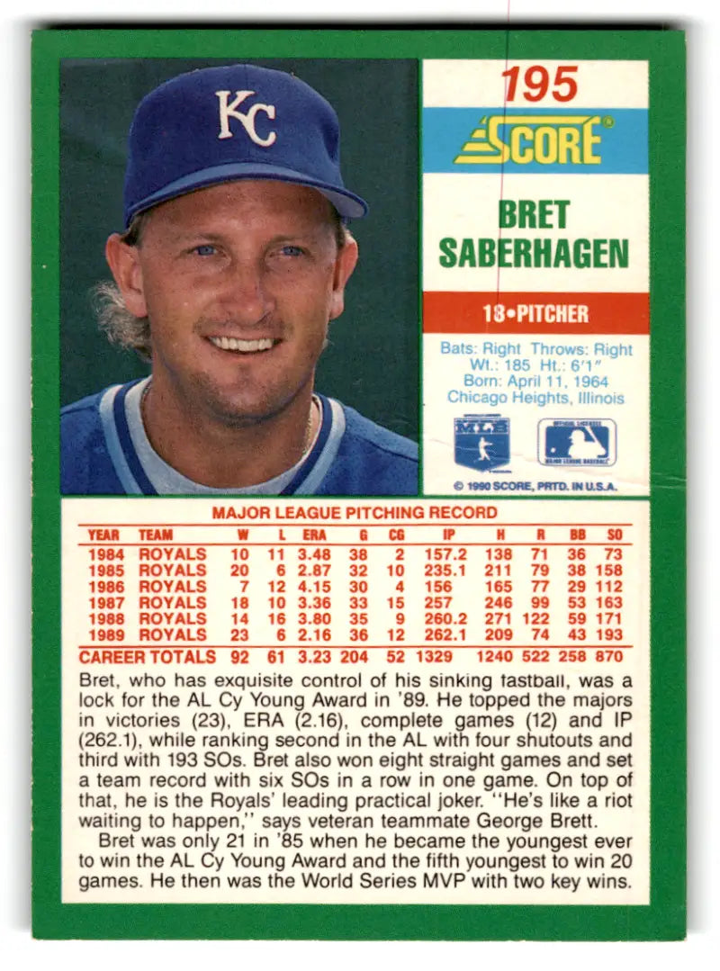 1990 Score #195b Bret Saberhagen COR NM-MT Royals ERR ID:70040 - Trading Cards