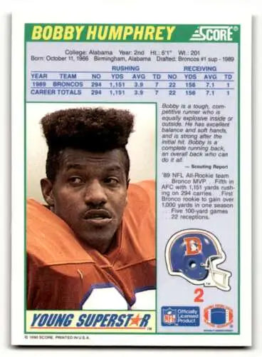 Bobby Humphrey Denver Broncos football card with original gloss, 1990 Score