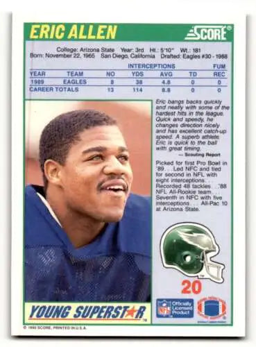 1990 Score #20 Eric Allen Philadelphia Eagles Football Card with original gloss finish