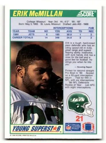 1990 Score #21 Erik McMillan New York Jets Football Card with original gloss