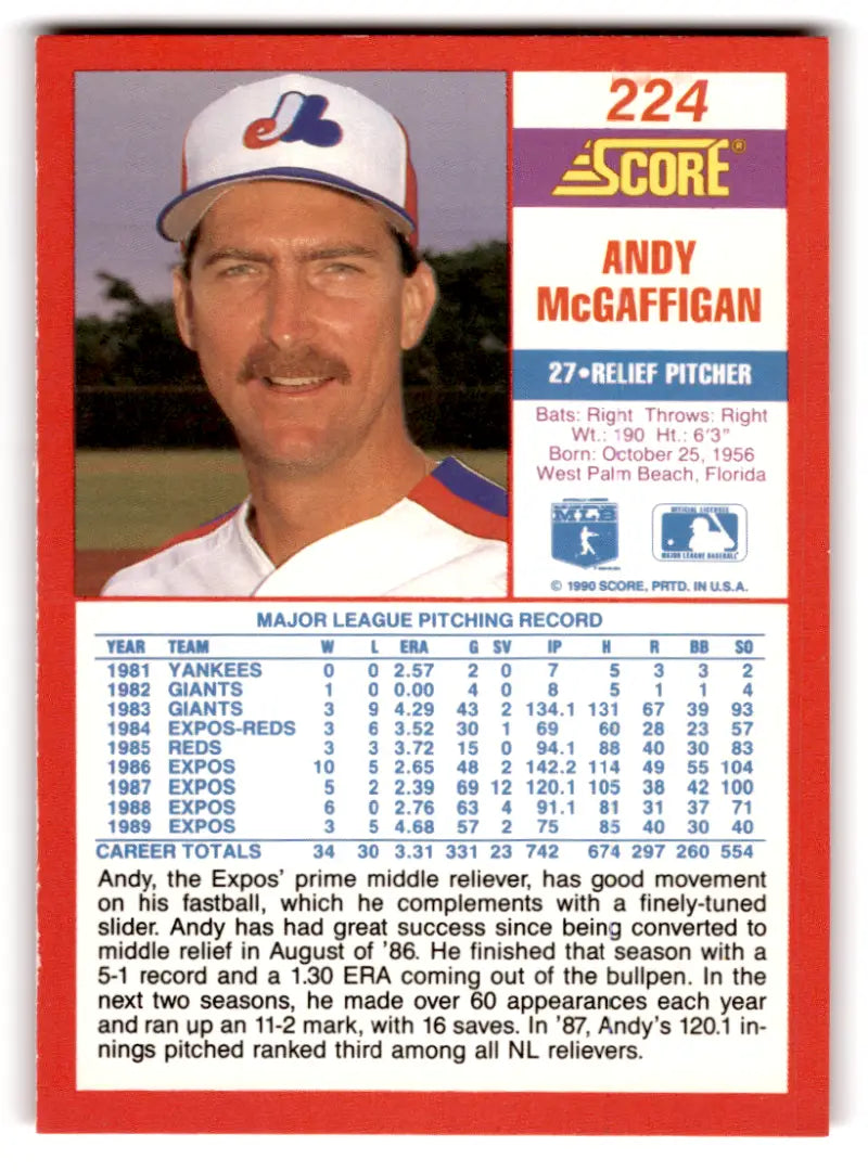 1990 Score #224 Andy McGaffigan NM-MT Expos ID:70041 - Trading Cards