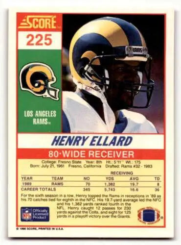 1990 Score #225 Henry Ellard Los Angeles Rams football card with original gloss