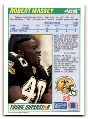 1990 Score #23 Robert Massey New Orleans Saints football card with original gloss