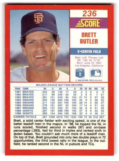 1990 Score #236 Brett Butler NM-MT Giants ID:70074 - Trading Cards