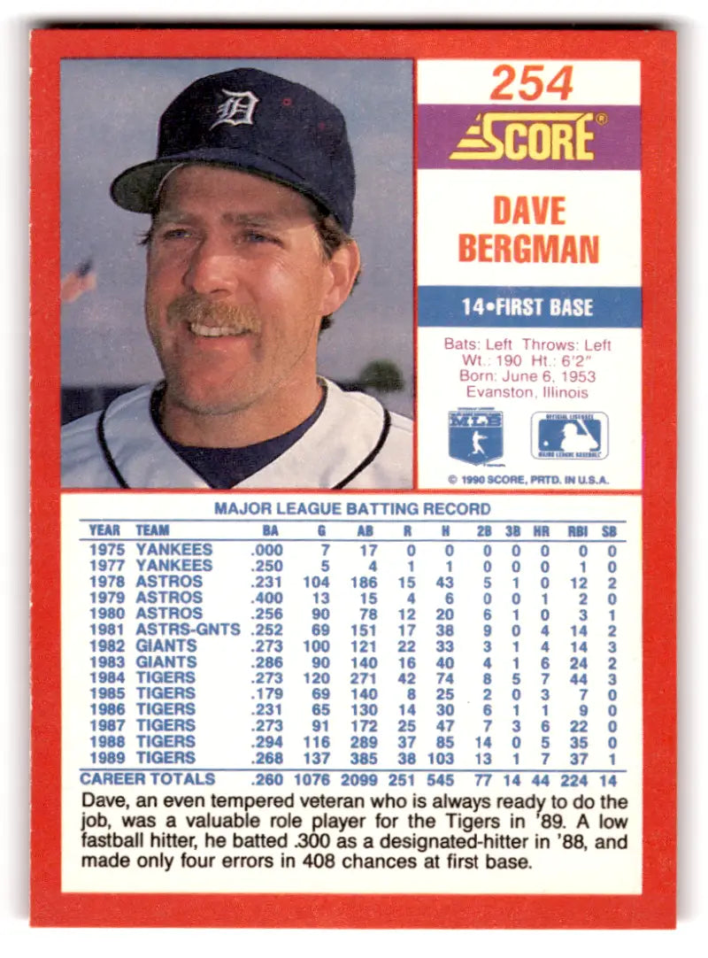 1990 Score #254 Dave Bergman NM-MT Tigers ID:70049 - Trading Cards