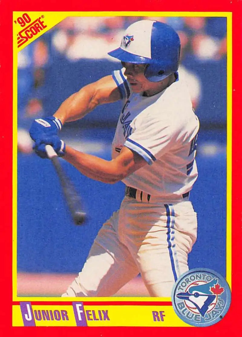 1990 Score Junior Felix Baseball Card featuring Toronto Blue Jays player in white uniform