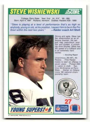 1990 Score #27 Steve Wisniewski Los Angeles Raiders Football Card Original Gloss