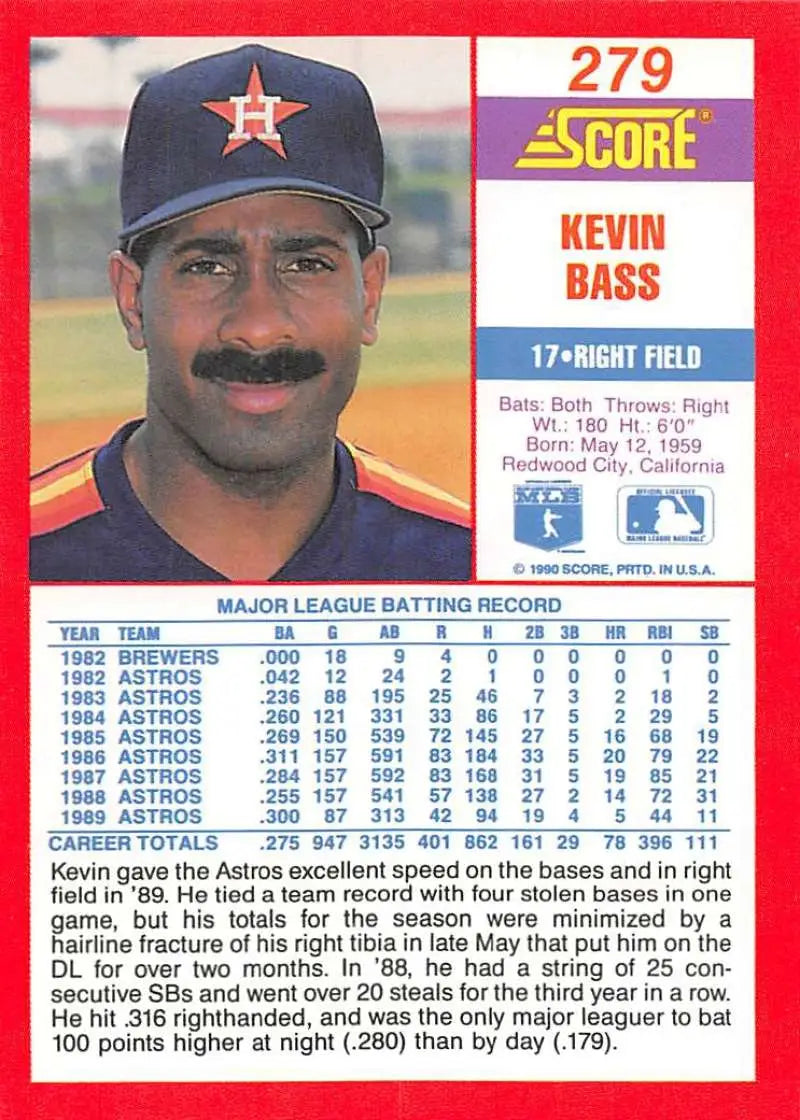 1991 Score baseball card of Kevin Bass, Houston Astros player in navy cap with orange logo