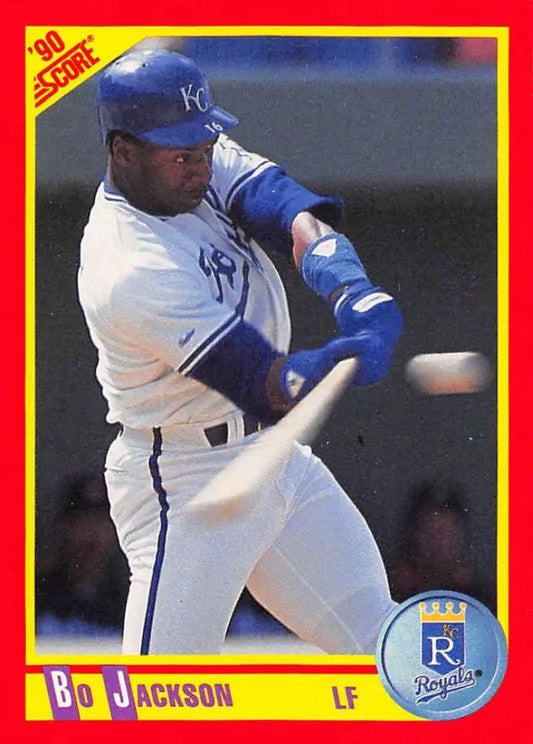 Baseball player in Kansas City Royals uniform swinging bat for 1990 Score Bo Jackson Card
