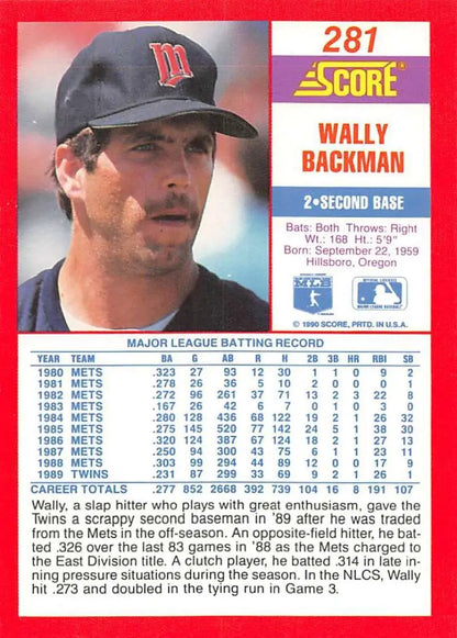 1991 Score baseball card of Wally Backman from the Minnesota Twins with dark cap