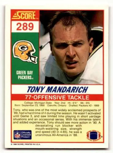 1990 Score Tony Mandarich Green Bay Packers football card with original gloss details