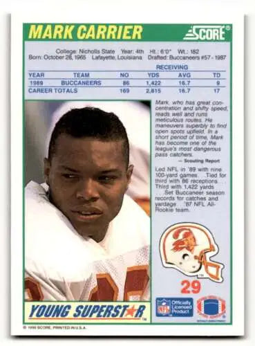 1990 Score #29 Mark Carrier Tampa Bay Buccaneers Football Card Original Gloss NM-M