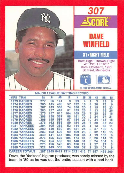 1990 Score Baseball Card of Dave Winfield, New York Yankees player in team cap