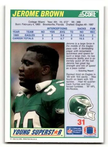 Jerome Brown Philadelphia Eagles football card with original gloss from 1990 Score