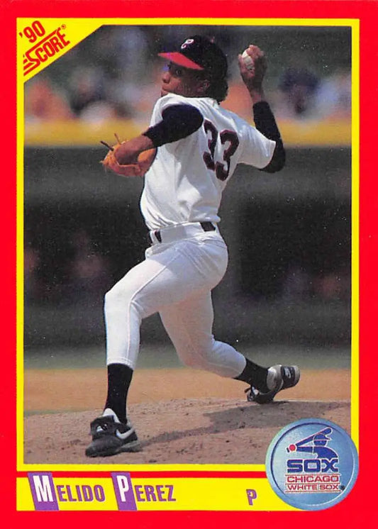 Melido Perez mid-pitching in Chicago White Sox uniform for 1990 Score baseball card