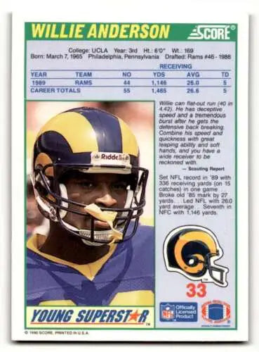 1990 Score #33 Willie Anderson Los Angeles Rams Football Card with original gloss