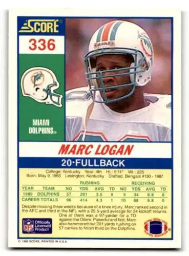 Original gloss 1990 Score #336 Marc Logan Miami Dolphins football card for collectors