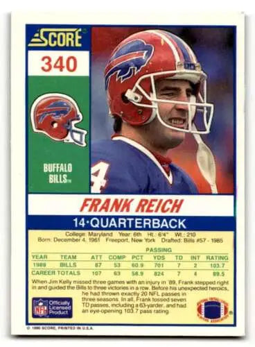 Frank Reich Buffalo Bills football card with original gloss, 1990 Score #340