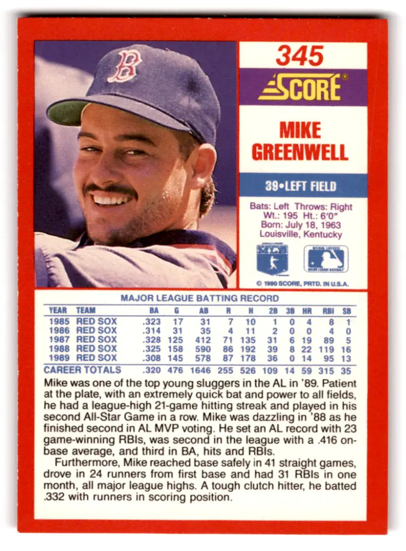 1990 Score #345 Mike Greenwell NM-MT Red Sox ID:70082 - Trading Cards