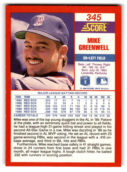 1990 Score #345 Mike Greenwell NM-MT Red Sox ID:70082 - Trading Cards