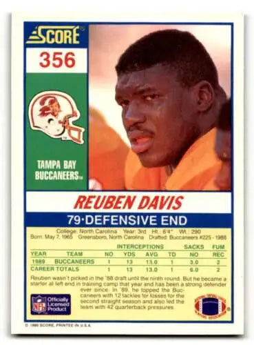 Reuben Davis Tampa Bay Buccaneers football card with original gloss 1990 Score #356