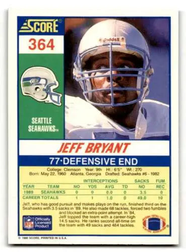 Jeff Bryant football card 1990 Score #364 original gloss Seattle Seahawks collectible