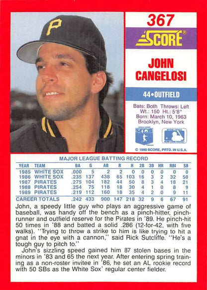 1991 Score baseball card of John Cangelosi from the Pittsburgh Pirates team