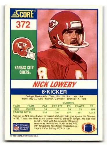 1990 Score #372 Nick Lowery Kansas City Chiefs Football Card with original gloss finish