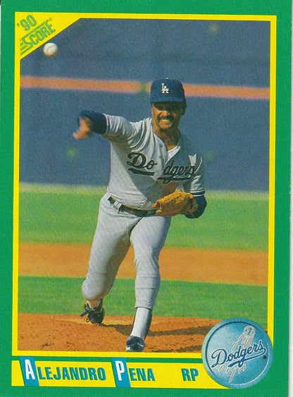 Baseball card of Alejandro Pena, Los Angeles Dodgers pitcher in mid-throwing motion