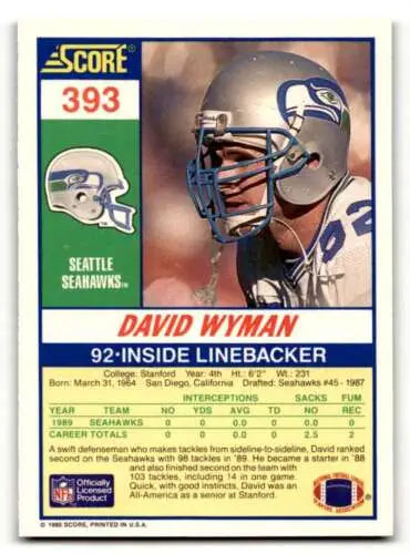 David Wyman Seattle Seahawks football card with original gloss from 1990 Score #393