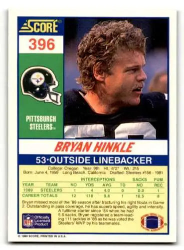 Original gloss 1990 Score #396 Bryan Hinkle Pittsburgh Steelers Football Card EX/N